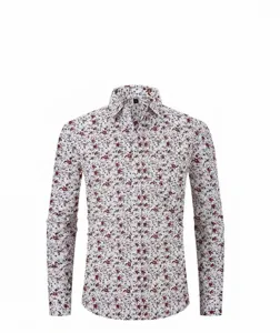 Detailed view of a men's floral print long sleeve shirt with a classic turn-down collar.