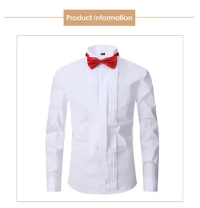 Elegant white slim fit tuxedo shirt with pleated front and red bow tie for men's formal wear