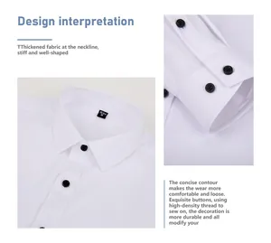 Close-up detail of white men's shirt showing stiff collar and black buttons on cuffs.