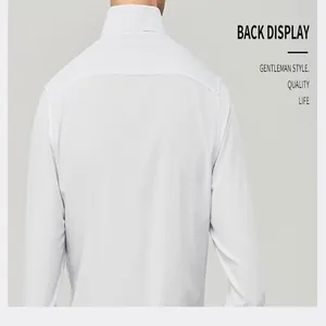 Detailed back display of a premium men's white long-sleeve casual shirt in a clean studio setting