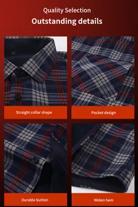 Close-up details of fleece-lined plaid shirt featuring collar, pocket, buttons and hem
