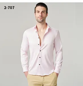Vorderansicht des bügelfreien rosa Langarm-Business-Freizeithemds für Herrenmode