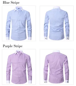 Detail view showing blue and purple striped French shirts with contrast white collar.