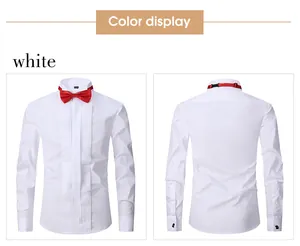 Detailed front and back view of a white slim fit tuxedo shirt with a red bow tie