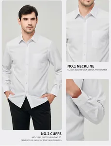 Detail view of men's casual long-sleeve white shirt showing neckline and arc cuffs.