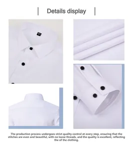 Close-up details of white wrinkle-resistant men's shirt collar, fabric, and cuffs