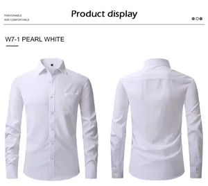 Detailed front and back view of a men's slim fit white long-sleeved formal business shirt