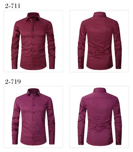 Front and back views of business slim fit stretch shirts in burgundy and plum colors.