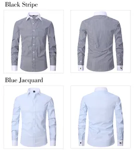 Front and back views of black striped and blue jacquard men's French shirts with cufflinks.
