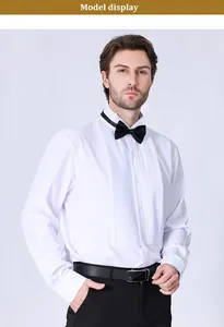 Professional detail of men's white formal tuxedo shirt with pleated bib and bowtie.
