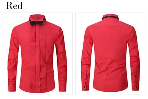 Detailed front and back views of a men's slim-fit red formal tuxedo shirt with bow tie
