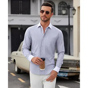 Herren Business Casual Gestreiftes Hemd Kontrastkragen Manschetten Polyester Langarm Bügelfrei Formelles Top Für Büro Alltag