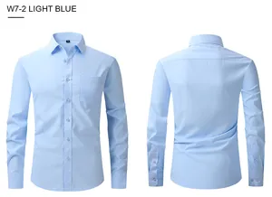 Front and back view of a slim fit light blue long-sleeved business shirt for men