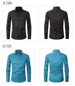 Front and back views of men's wrinkle-resistant long-sleeve business shirts in black and teal