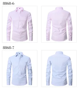 Front and back view of men's long-sleeve plaid cotton shirts in pink and light blue.