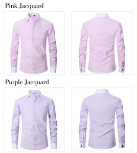 Detailed front and back views of pink and purple jacquard French cuff shirts for men.