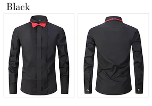 Front and back detail of a black slim-fit dress shirt with a red bow tie accessory