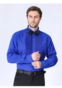 Formal royal blue men's tuxedo dress shirt featuring a pleated front and black bow tie.