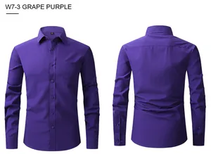 Detailed front and back view of a slim fit grape purple men's long-sleeve dress shirt
