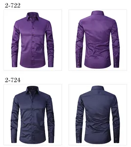 Detail view of wrinkle-resistant slim fit long sleeve shirts in purple and navy blue