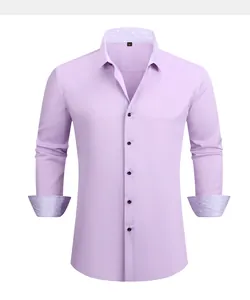 Detailed view of men's lavender long-sleeve stretch business shirt with contrast cuffs