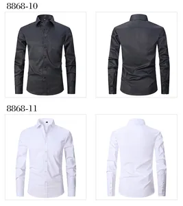 Detailed front and back views of men's solid color long sleeve professional business shirts