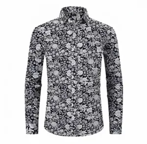 Detailed front view of a men's long-sleeve floral print shirt in monochrome shades.