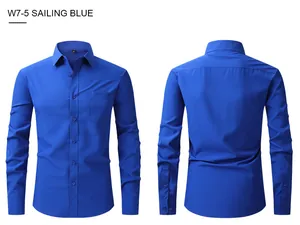 Men's slim fit long-sleeve business shirt in sailing blue, front and back view.