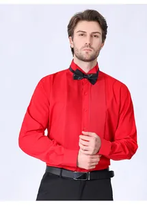 Close-up of a premium red pleated tuxedo shirt for men with black bow tie and stretch fabric
