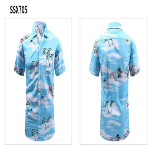 Front and back view of a blue Hawaiian style printed shirt with Cuban collar