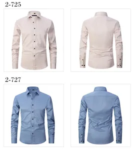 Detailed front and back views of men's slim fit business shirts in beige and blue colors