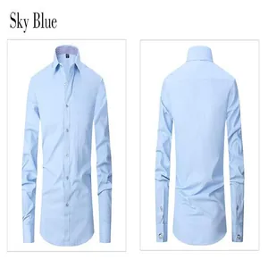 Light blue men's long-sleeve French cuff dress shirt showing front and back views