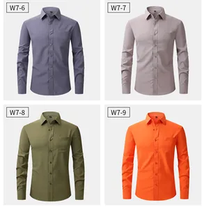 Grid view of long-sleeved casual men's shirts in purple, grey, olive, and orange colors.
