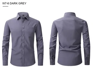 Front and back view of dark grey slim fit long sleeve business dress shirt