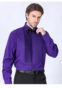 Detailed view of the purple pleated front tuxedo shirt for men featuring a black bow tie