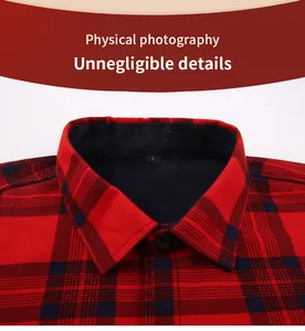 Close-up detail of a men's thick fleece-lined plaid shirt collar with soft navy blue lining