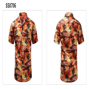 Front and back view of men's summer retro print Hawaiian shirt with Cuban collar.