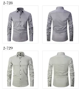 Multi-angle front and back display of grey and khaki slim-fit business dress shirts