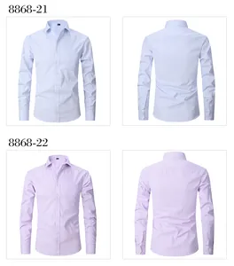 Detailed front and back views of men's pinstripe long sleeve shirts in blue and purple
