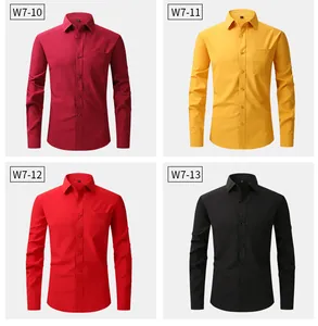 Detailed view of men's solid color long sleeve casual shirts in four vibrant colors