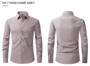 Front and back view of a slim fit men's long-sleeved business dress shirt in grey.