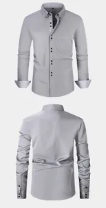 Graues Herren-Slim-Fit-Langarmhemd, Vorder- und Rückansicht mit gemustertem Kragen und Manschetten