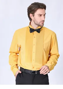 Elegant men's yellow pleated tuxedo dress shirt for formal business and luxury gala events