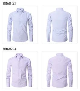 Front and back views of professional men's long-sleeve plaid cotton shirts in blue and purple.