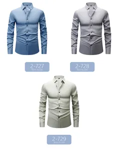 High-quality men's long-sleeve wrinkle-resistant stretch shirts available in blue gray and beige
