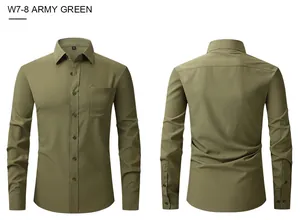 Detail view of men's slim fit long sleeve business shirt in army green, front and back