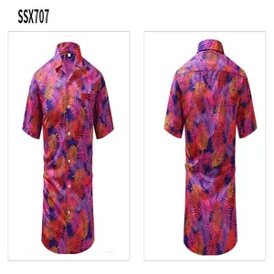 Men's retro Hawaiian print short sleeve shirt with Cuban collar front and back views