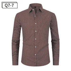 Chemise boutonnée à manches longues pour hommes avec motif floral géométrique marron