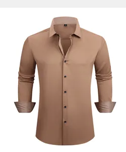 Brown four-way stretch men's business shirt with contrast patterned collar and cuffs