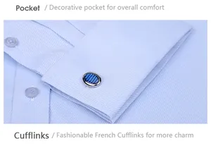 Detailed macro view of a light blue French cuff shirt featuring elegant blue cufflinks